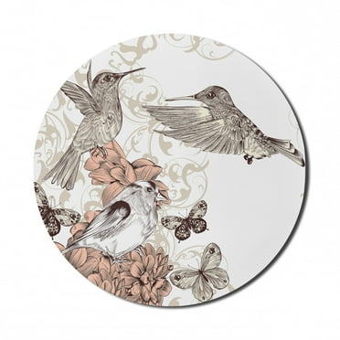 Hummingbird Mouse Pad for Computers, Vintage Style Artwork with Birds Butterflies on Blossoms Ornamental Background, Round Non-Slip Thick Rubber Modern Mousepad, 8" Round, Brown Tan, by Ambesonne