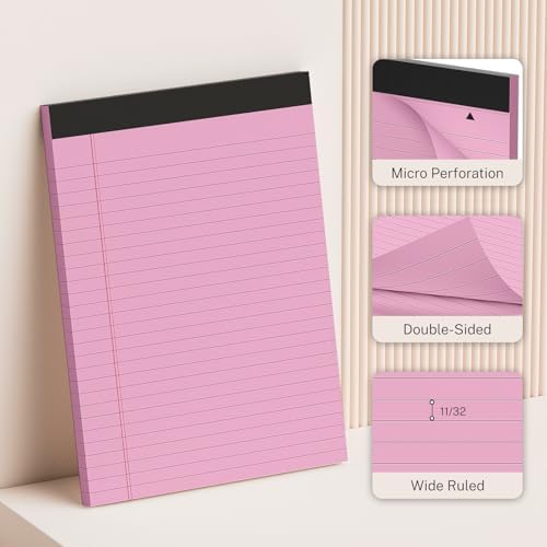 Pink Legal Pads 8.5 x 11 Notepads Wide Ruled, 12 Pack Pink Note Pads 8.5 x 11 Pink Paper, Legal Size Paper, 30 Sheet/Notepad, Lined Paper with Sturdy White Back, Writing Pads for Study, Office, Home