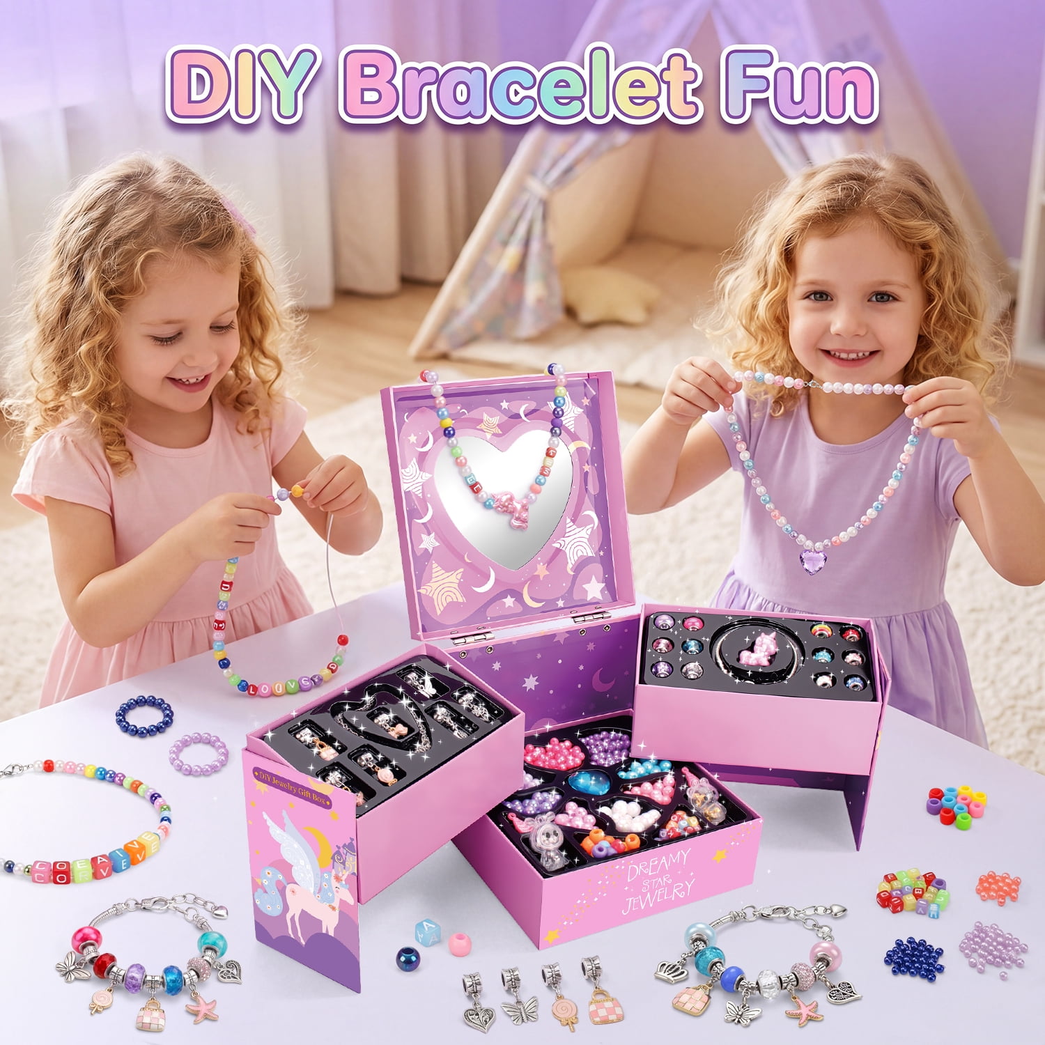 FUJILI Unicorn DIY Bead Jewelry Kit for Girls, Bracelet and Necklace Making Set with Mirror, Elastic Cord & Colorful Beads, Creative Craft Toy Gift for Ages 8-12