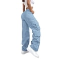 thumbnail image 3 of Cargo Pants for women Casual High Waist Elastic Straight Back Pockets Business Casual Pants Light Blue, 3 of 8