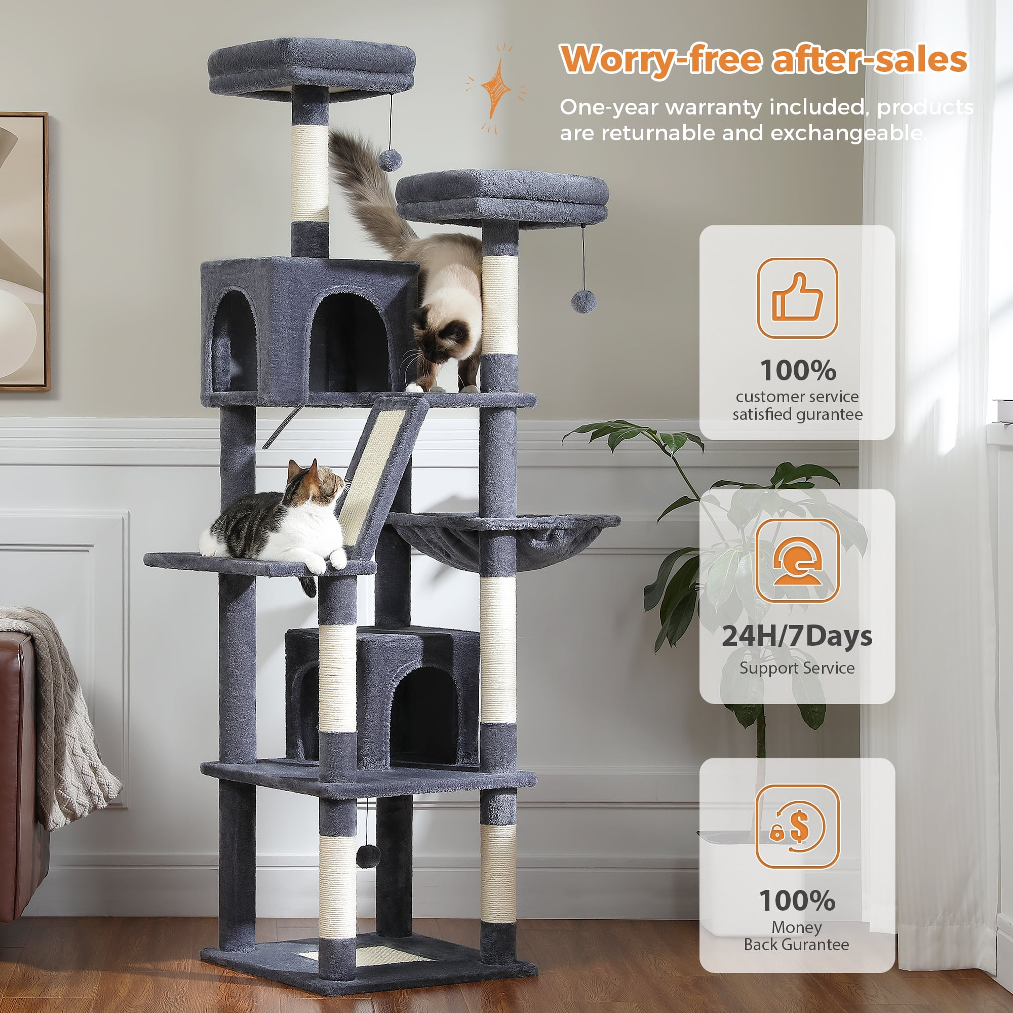 PEQULTI 71 " Large Cat Tree Tower for Cat with Dual Condos and 6 Scratching Posts Indoor Dark Gray