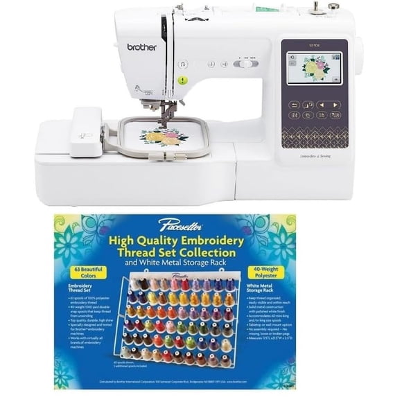 Máquina de Coser y Bordar Brother SE700 con LAN Inalámbrica, Área de Bastidor 10 x 10 cm, Pantalla Táctil de 9.4 cm, Set de Hilos ETKS63 Pacesetter de 63 Colores