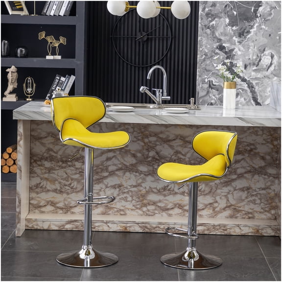 Set of 2 Yellow Velvet Swivel Bar Stools with Adjustable Height and Chrome Base