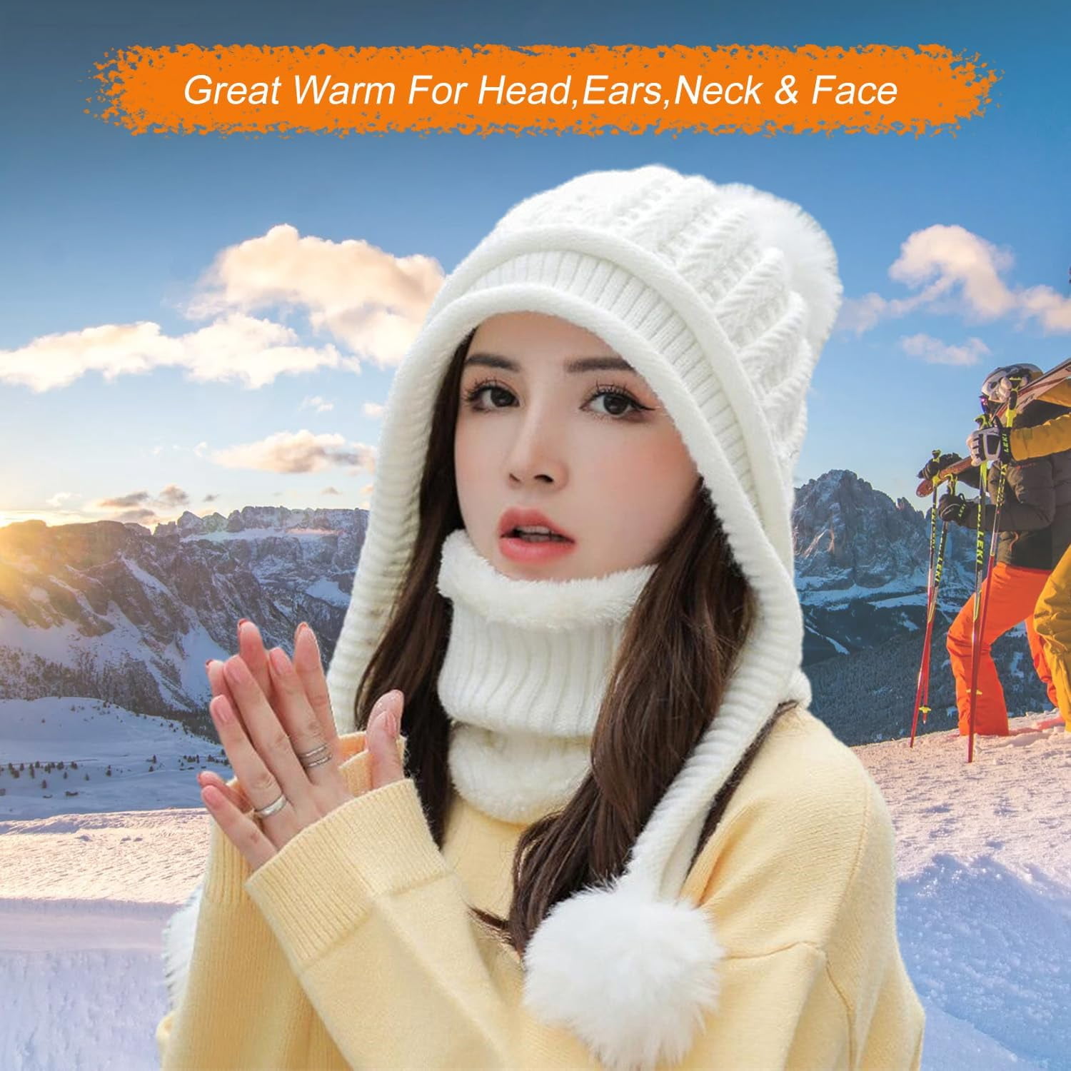 Zhengup Women Winter Beanie Hat Circle Scarf Set Pompoms Peruvian Ski Snow Ear Flaps Sherpa Knit Hats Fleece Lined,S to M Size Head