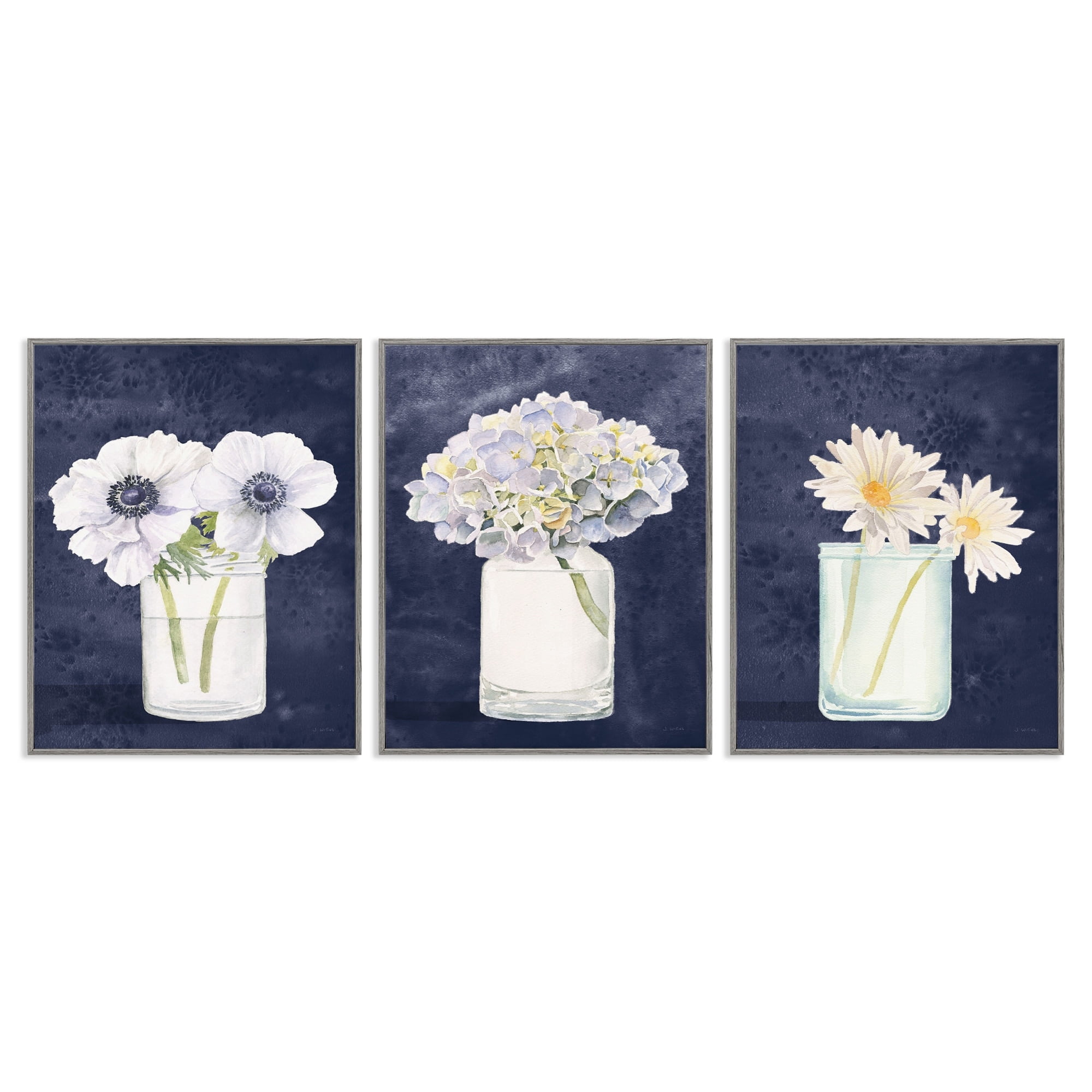 Stupell Industries Farmhouse Flower Bouquets Navy Blue White Painting Framed Wall Art Design by James Wiens, 3 Piece, 11" x 14", Gray Framed