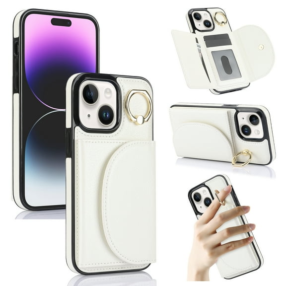 Wallet Case Compatible with iPhone 15 360° Rotation Finger Ring Holder RFID Blocking Premium Leather Case with Card Slots Folio Flip PU Durable for Men Women iPhone 15, White