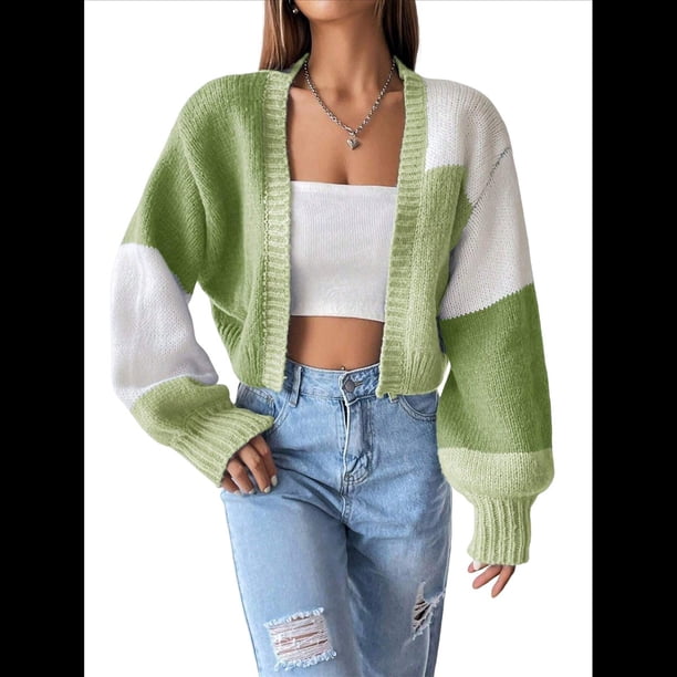 Suéter Tipo Cárdigan Corto de Punto Acanalado, de Larga, con Frente Abierto y Bloques de Color para Mujer Verde M