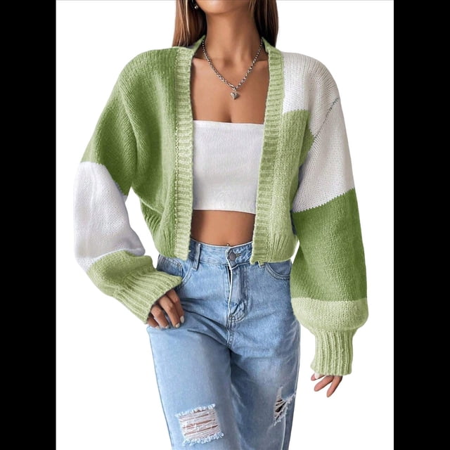 Suéter Tipo Cárdigan Corto de Punto Acanalado, de Larga, con Frente Abierto y Bloques de Color para Mujer Verde M