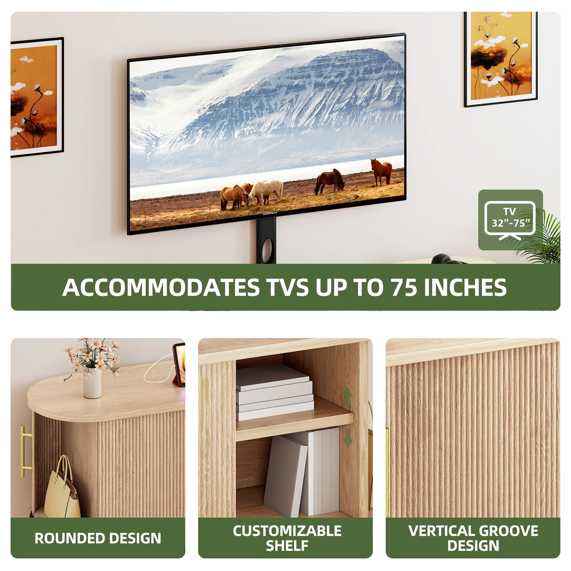 Uforic 66 Inch Natural Oak Fluted Media Console with Adjustable Wall Mount Fits 32-70 Inch TVs for Living Room