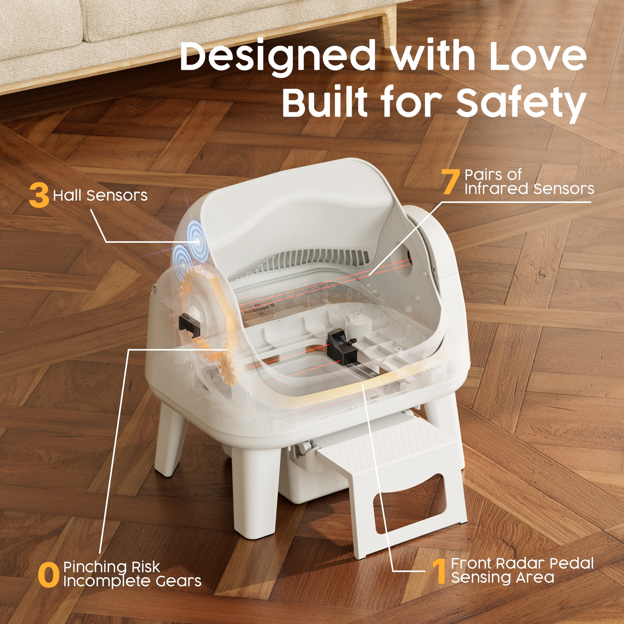 PetPivot AS12 Automatic Cat Litter Box Self-Cleaning with Safety Protection, Liners, Front Entry Step Included, White