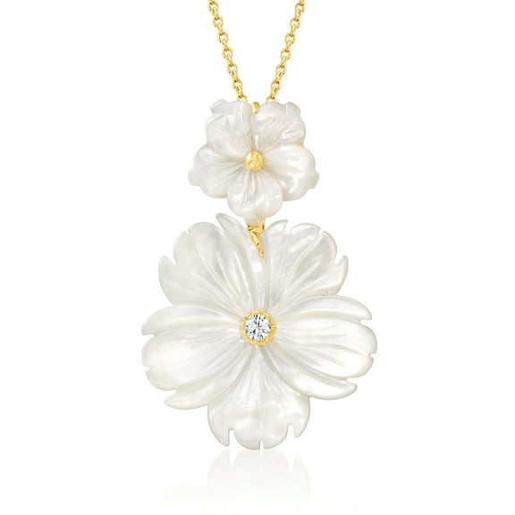 Ross-Simons Mother-Of-Pearl and .10 Carat White Topaz Flower Pendant Necklace in 18kt Gold Over Sterling, Women's, Adult