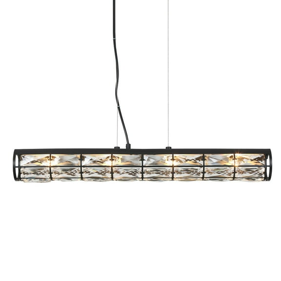 LNC Ballet 4-Light Matte Black Linear Crystal Pendant Light with Ribbed Glass, for Kitchen
