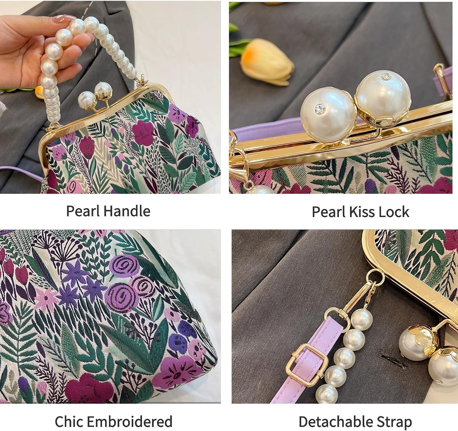 Women Vintage Floral Embroidered Top Handle Handbag Kiss Lock Elegant Clutch Purse Small Pearl Crossbody Bag