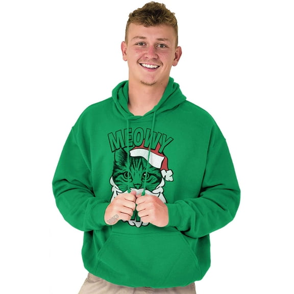 Cute Meowy Xmas Funny Santa Cat Pun Unisex Plus Fleece Graphic Hoodie Brisco Brands 5X