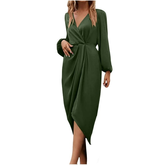 ZQUUVOU Womens Pleated Long Sleeve Loose Dress Casual Maxi Dresses With Tie Waist Olive Green,2XL