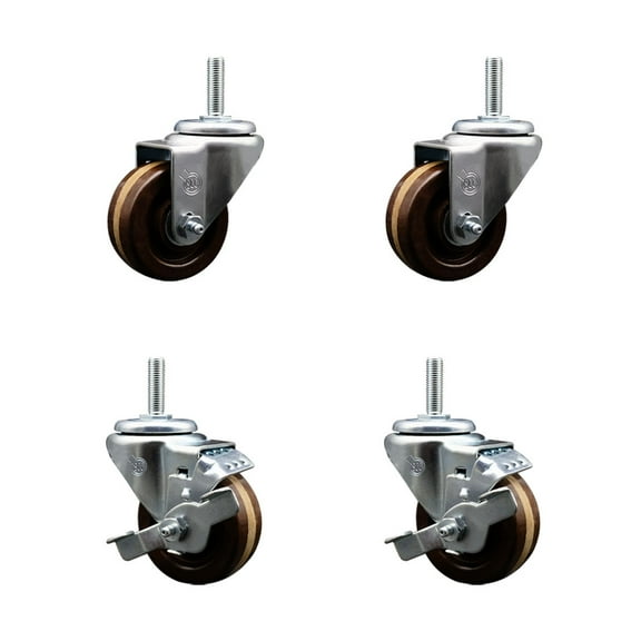 3 Inch Phenolic Wheel Swivel 5/8 Inch Threaded Stem Caster Set 2 Brakes SCC