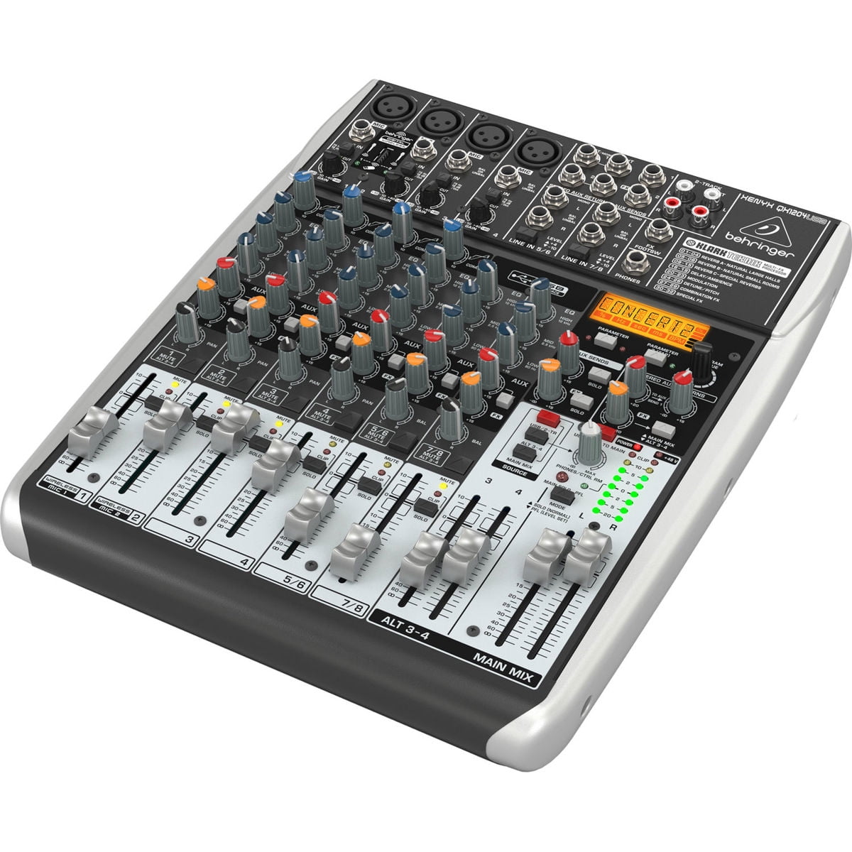 Behringer Xenyx QX1204USB Premium 12-Input 2/2-Bus Mixer with Xenyx Mic Preamps and Compressors, KLARK TEKNIK Multi-FX Processor, Wireless Option - With 4 Pack 15' 8mm XLR Microphone Cable