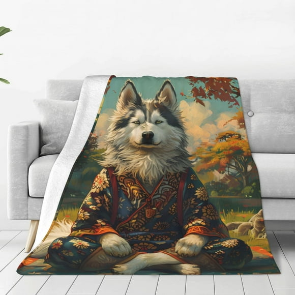 Balery Forest Maple Leaf Husky Manta de Felpa Suave y Acogedora – Cobija de Franela Aterciopelada para Cama, Lavable y Cálida para Sofá, Mascotas, Transpirable-80"x60"