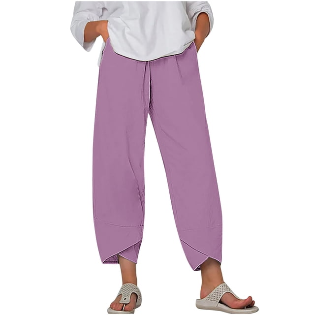 Timegard Plus Size Pants for Women Elastic Waist Solid Color Comfy Fall Casual Crop Pants with Pockets