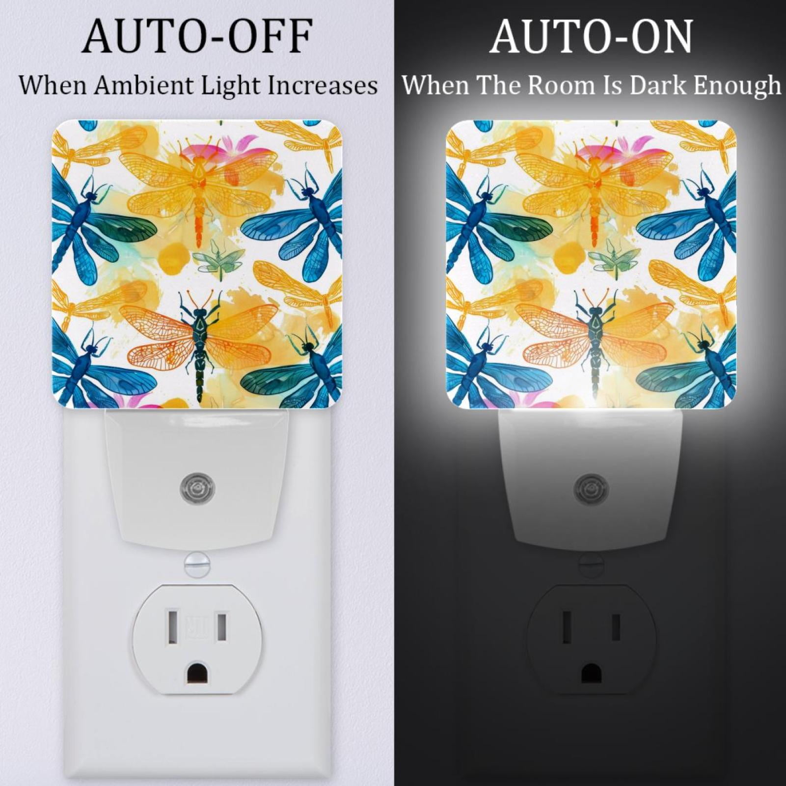 PhooArto Watercolor Dragonflies Colored Pattern Plug in LED Night Light Auto Sensor Dusk to Dawn Decorative Night for Bedroom, Bathroom, Kitchen, Hallway, Stairs, Baby's Room, Energy Saving