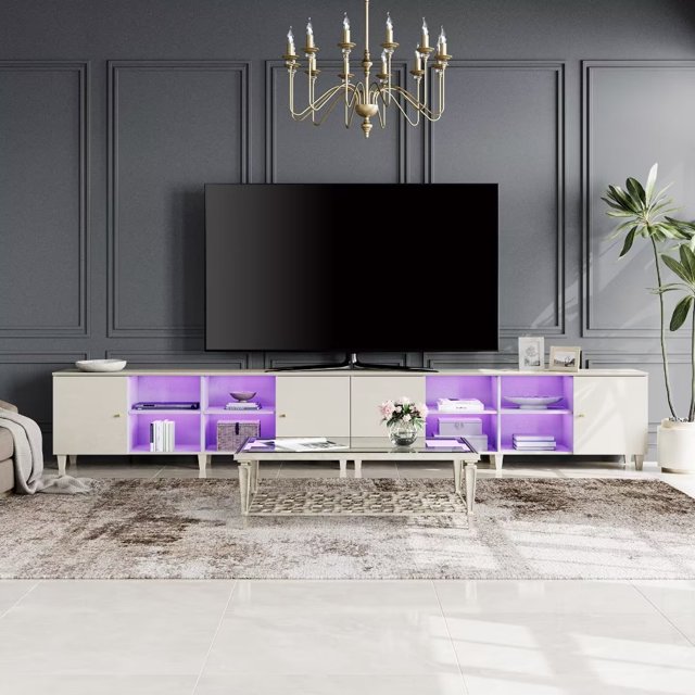 WAMPAT Set of 2 Mid-Century TV Stand with 16 Colors LED Light,Modern Entertainment Center with Door Storage and Open Shelf for up to 100 Inch TV, TV Console Table for Living Room, Beige