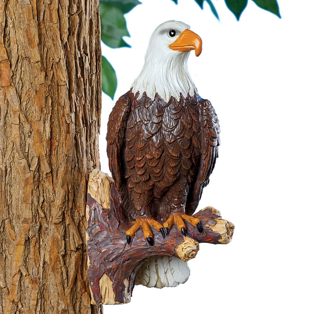 Bald Eagle On Tree Branch Outdoor Figurine with Hooks for Easy Attachment, Woodland Decor for