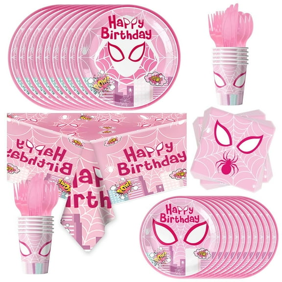 81 pieces of cartoon character party tableware - pink spider mask plates, cups, paper towels, tablecloths and other decorations - hero anime party theme children's birthday party supplies