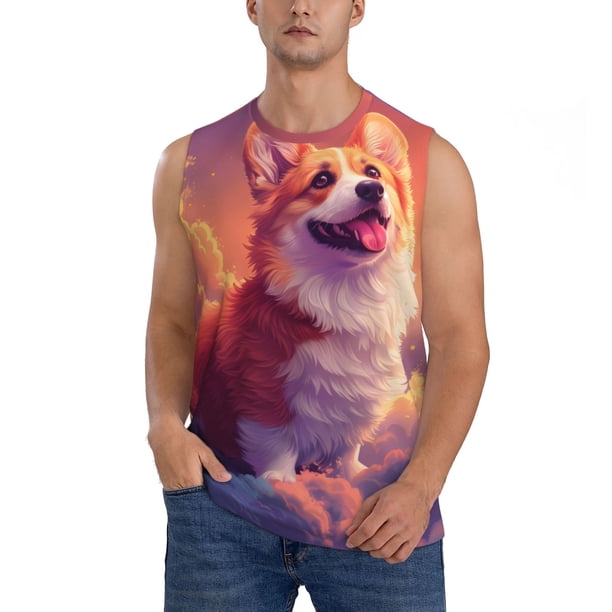 Fotbe Sunset Cloud Corgi Men's Camiseta sin Mangas Estampada para Hombres, Playera Casual para Gimnasio, Entrenamiento, Playa-Large
