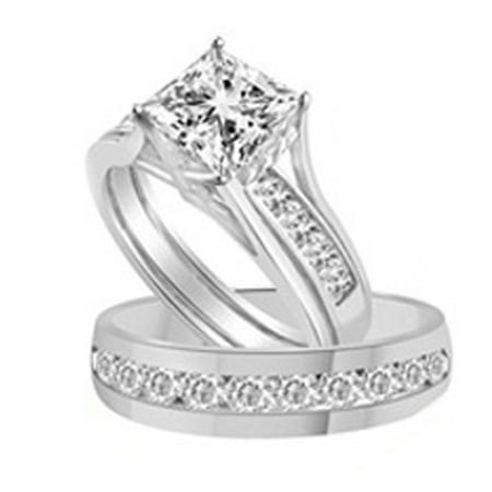 Trio Wedding Ring Sets - White Cubic Zirconia Princess Cut Wedding & Engagement Trio Band Ring Set In 14k White Gold Over Sterling Silver (3.25 Cttw)