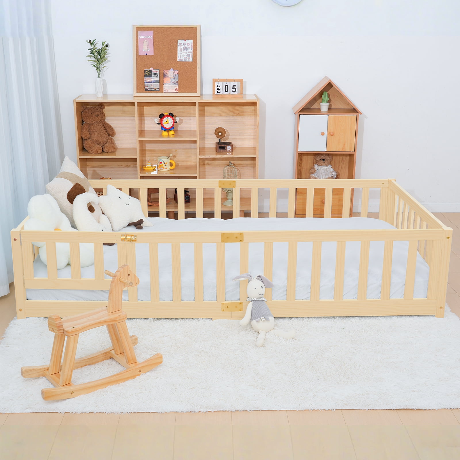 MOPHOTO Toddler Floor Bed,Montessori Floor Frame with Rails & Lockable Door,Twin Size Kid Beds for Toddlers 1-3 Years Old(Nature)