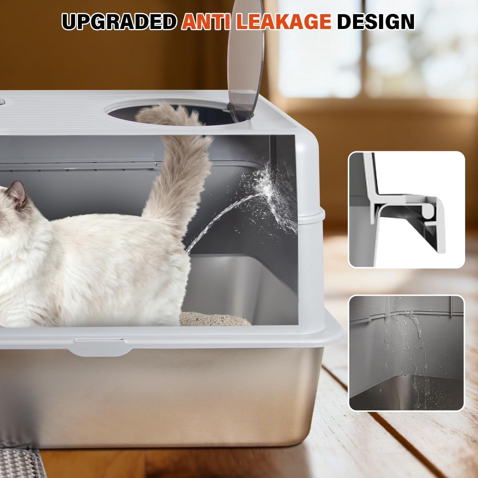 Stainless Steel Litter Box With Lid  Extra Large Enclosed Cat For Big Cats Metal High Sided Enclosure & Scoop Front Top Entry Odor Free Anti-leakage Grey