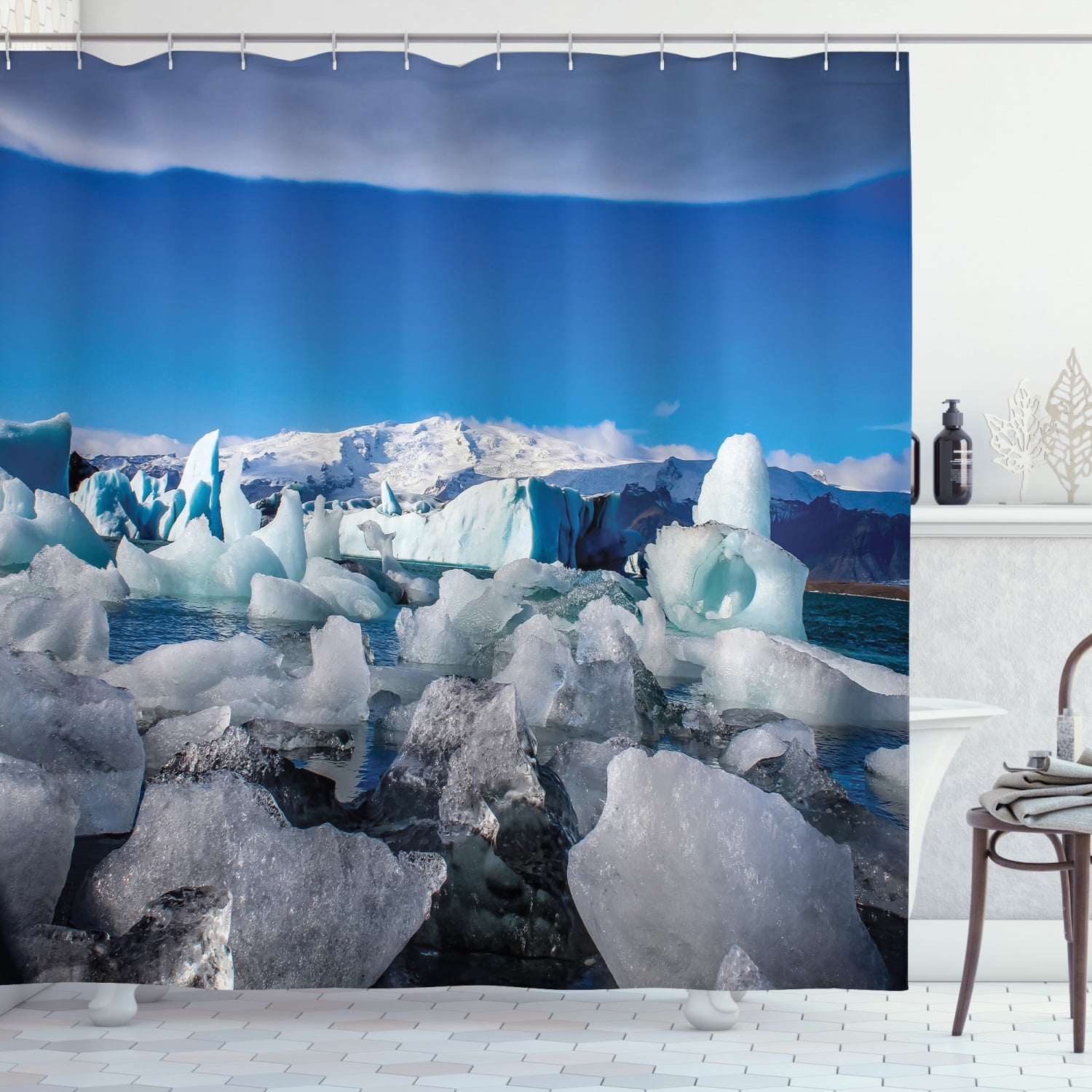 Blue Ice Glacier Fabric Shower Curtain Liner Bathroom Mat Home Decor & 12 Hooks 