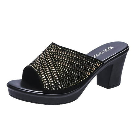 

iOPQO Women s slipper Large Flat Bottom Summer New Two Wear Diamond One Line Women s Sandals new fashion sandals square Gold 39