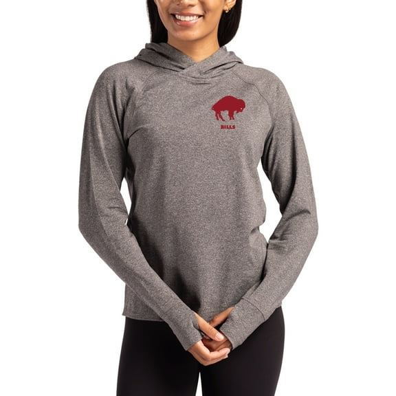 Women's Cutter & Buck Heather Charcoal Buffalo Bills Throwback Logo Adapt Knit Recycled Raglan Pullover Hoodie