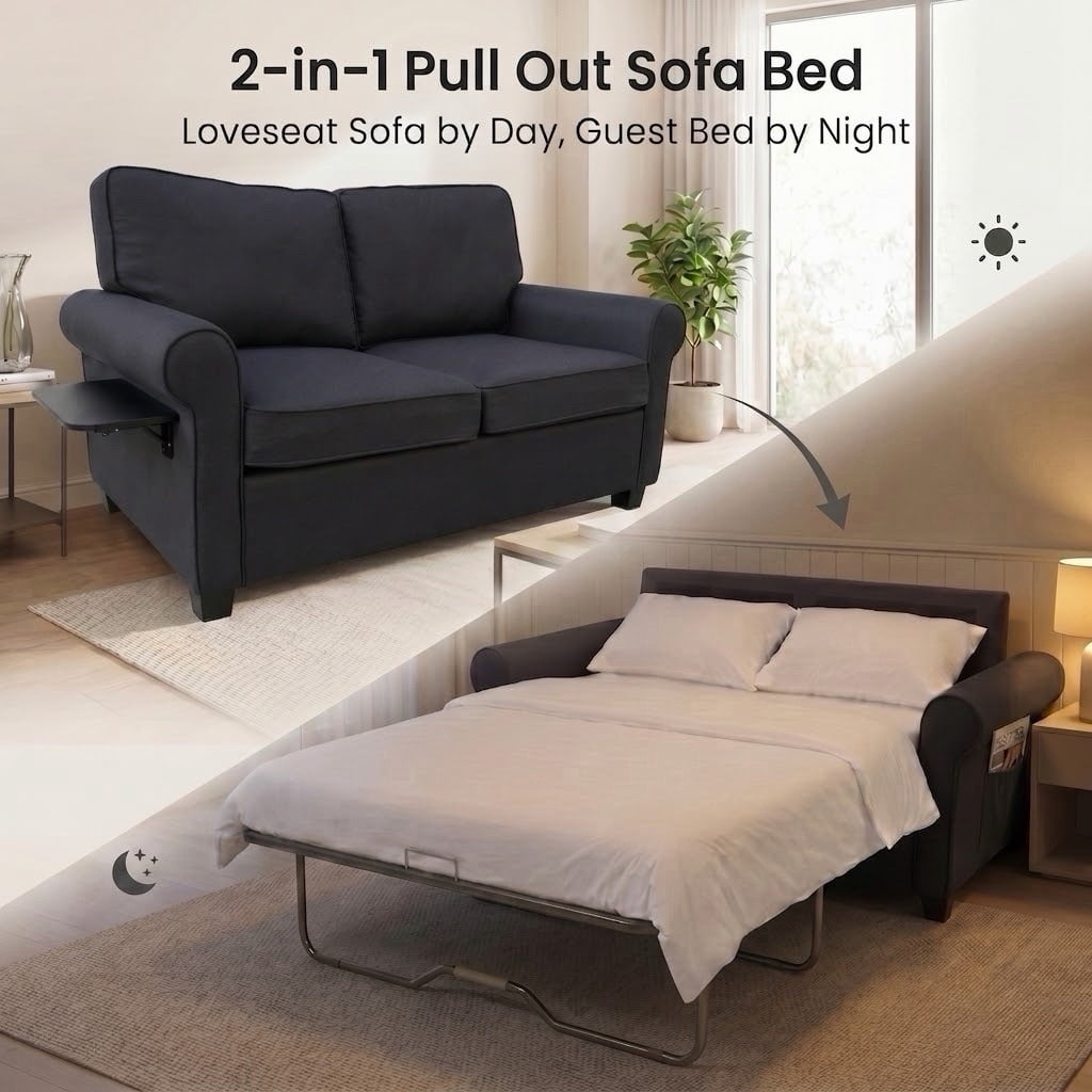 IDEK Pull Out Sofa Bed, 2-in-1 Convertible Loveseat Sleeper Couch with Side Pockets, Black