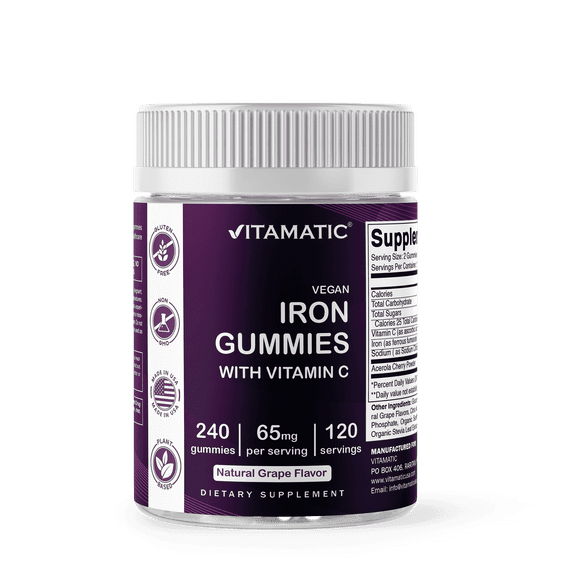 Vitamatic Iron 65 mg Gummies Supplement for Women & Men - 240 Vegan Gummies - Great Tasting Iron Gummy Vitamins with Vitamin C