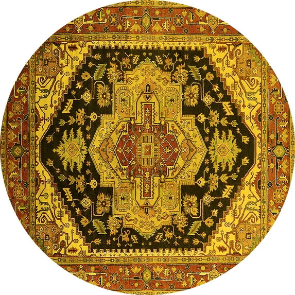 Ahgly Company Machine Washable Indoor Round Geometric Yellow Traditional Area Rugs, 3' Round