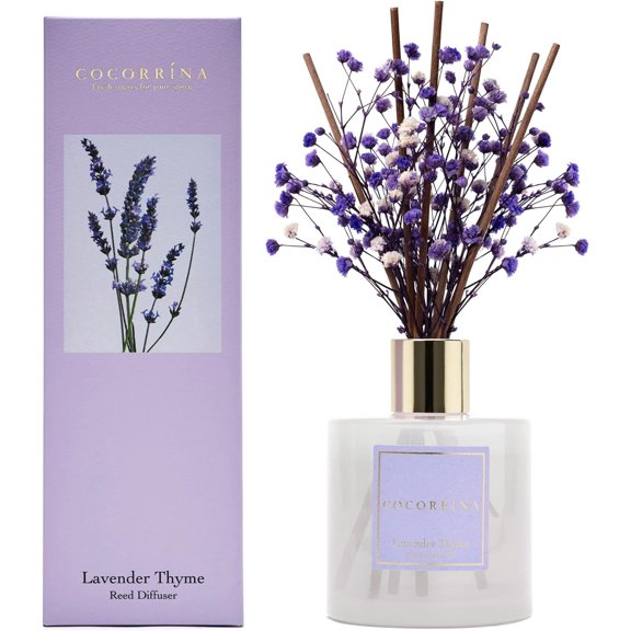 Premium Reed Diffuser Set with Preserved Baby's Breath & Cotton Stick Lavender Thyme | 6.7oz Scent Fragrance Lavender Oil Diffuser for Bedroom Bathroom Home Décor