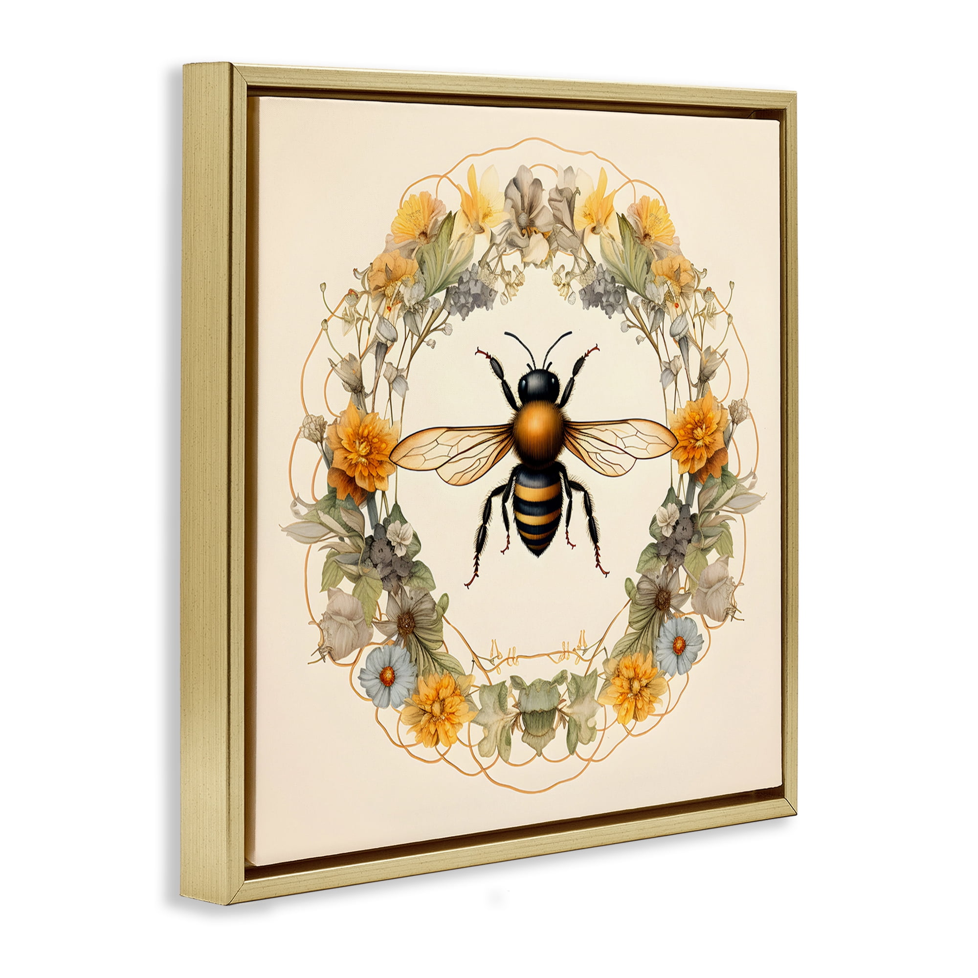 Stupell Industries Cottage Bee Wreath Animals & Insects Painting Gold Floater Framed Canvas Art Print Wall Art, 25 x 25