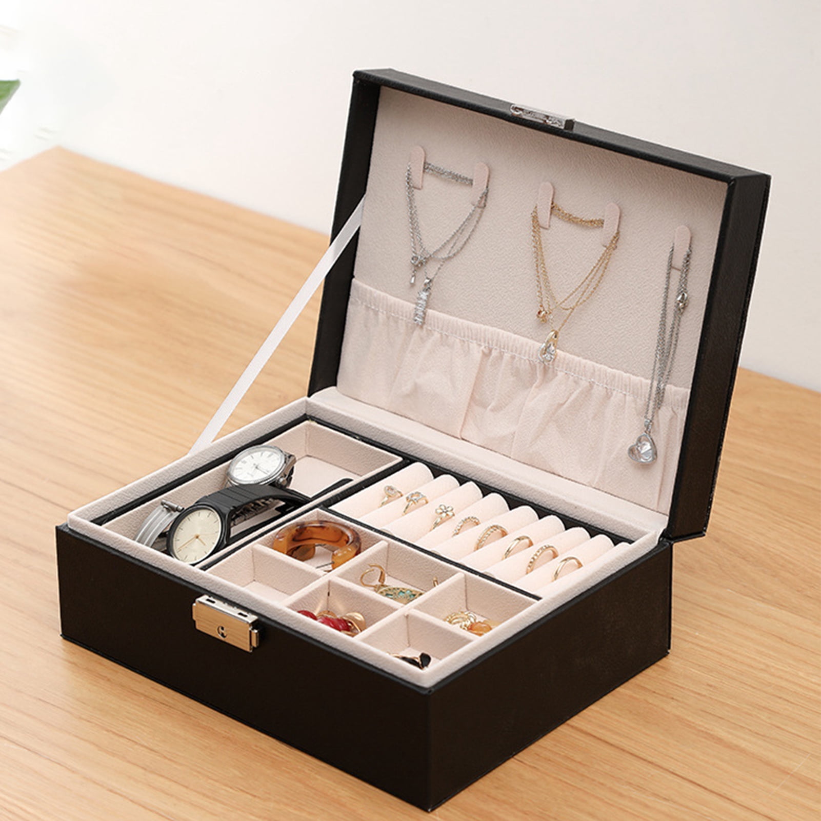 Grofry Double-layer Jewelry Box Safety Lock Micro Fiber Leather Adjustable Compartments Jewelry Case for Rings Black 2 Layer