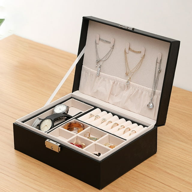 Double-layer Jewelry Box Safety Lock Micro Fiber Leather Adjustable Compartments Jewelry Case for Rings