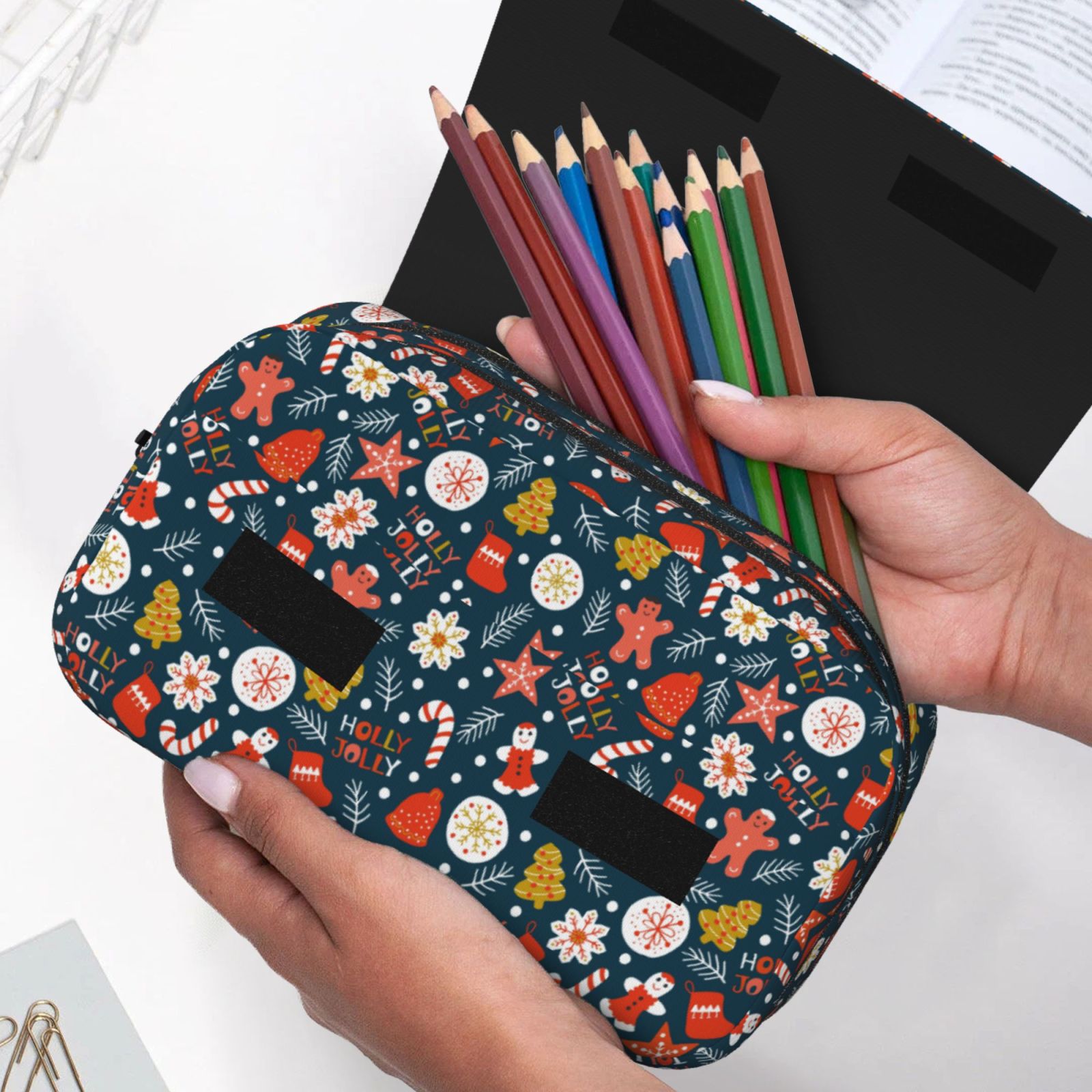 Rateoe Holiday Christmas Cookies Pattern Double Clamshell Pen Case, Storage Organizer with Two Zipper Compartments– Holds Up to 50 Pencils & Pens