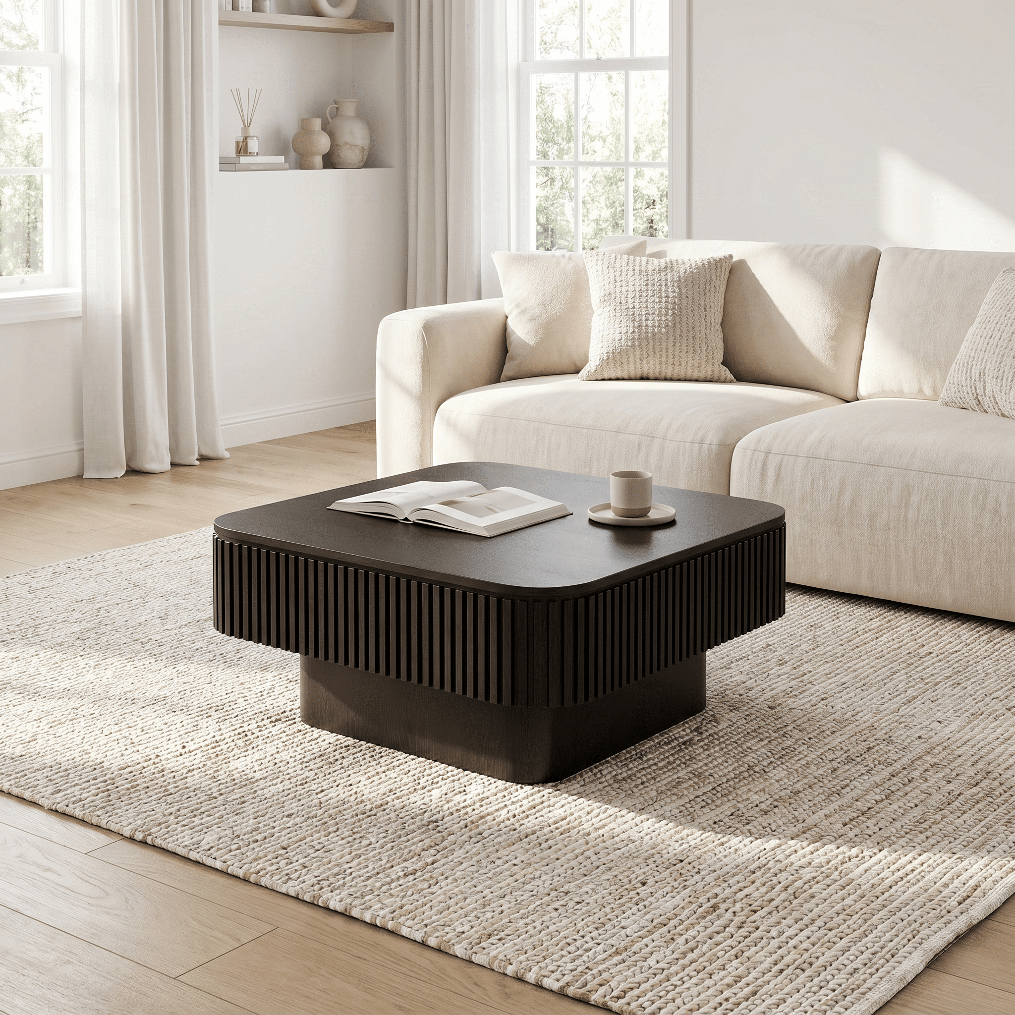 Homy Casa 31.5 in Modern Fluted Square Coffee Table with Hidden Storage for Living Room Black