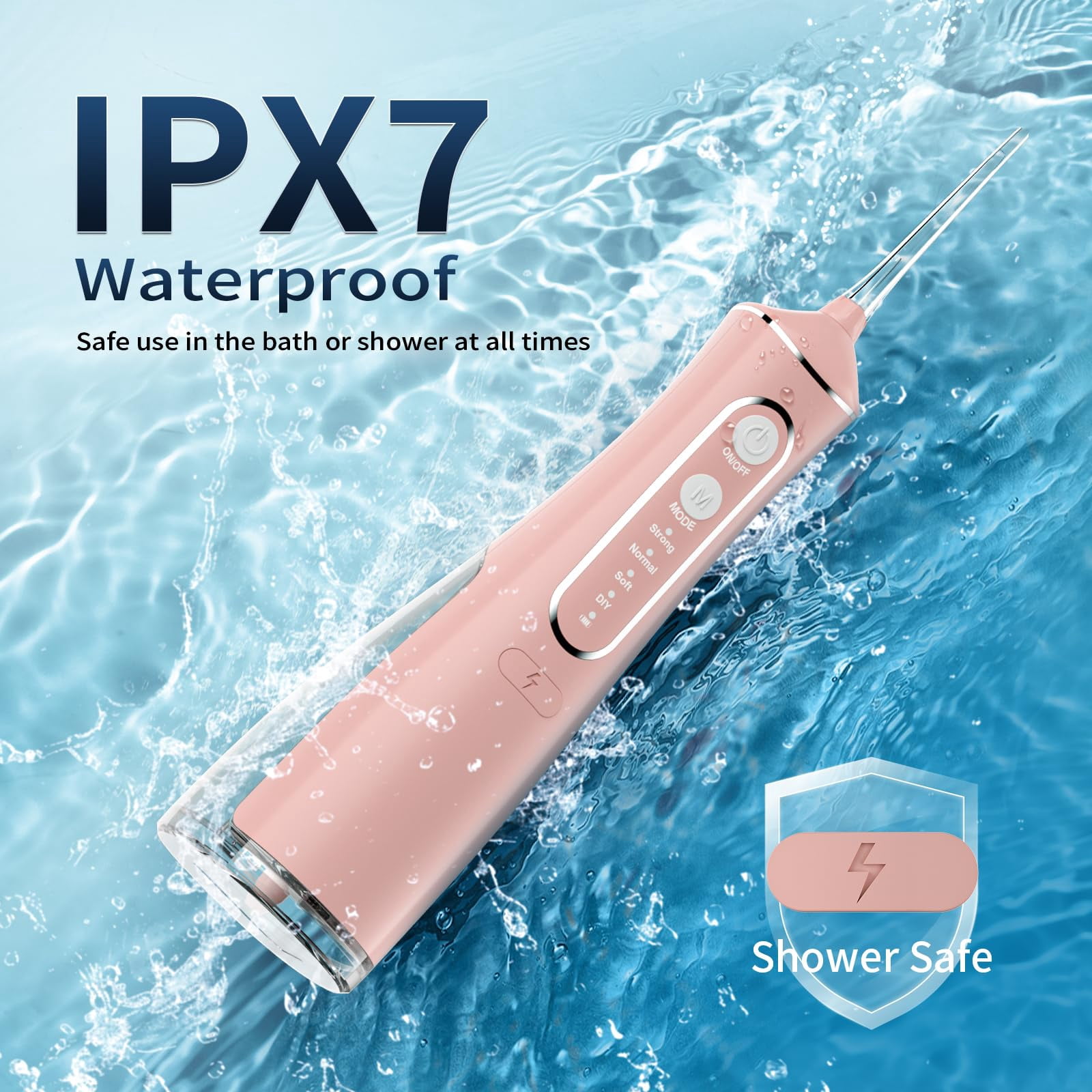 OasiSmile Water Flosser for Teeth Cleaning, Portable Cordless Dental Floss 300ML Rechargeable Oral Irrigator with 5 Jet Tips for Home Travel Office, Pink