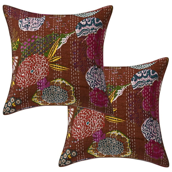 Stylo Culture Ethnic Decorative Throw Pillow Covers 16x16 Kantha Dark Brown Printed 40 x 40 cm Home Decor Cotton Tropicana Square Cushion Covers | Set Of 2