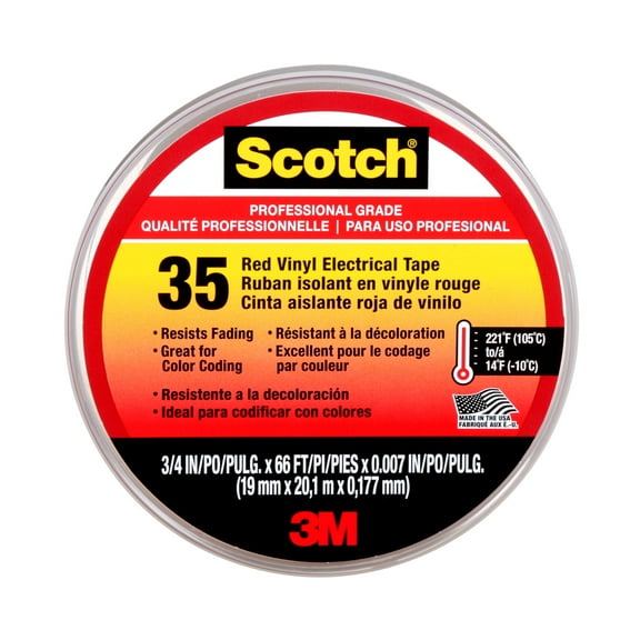 Scotch 35 Vinyl Electrical Color Coding Tape, 3" Core, 0.75" X 66 Ft, Red | Bundle of 5 Rolls