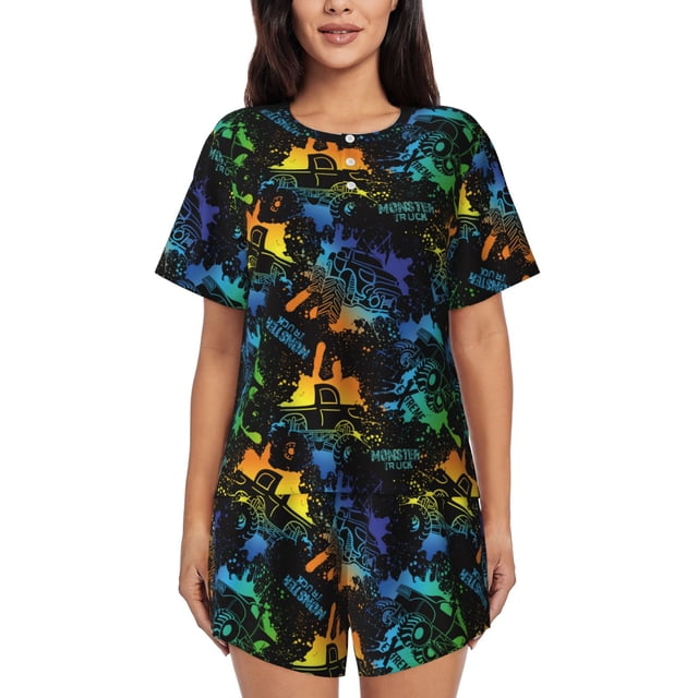 Balery Retro Truck Conjunto de Pijama para Mujer con Estampado, Dos Piezas de Manga Corta y Shorts, Ropa de Dormir Suave con Cuello Redondo y Bolsillos-Small