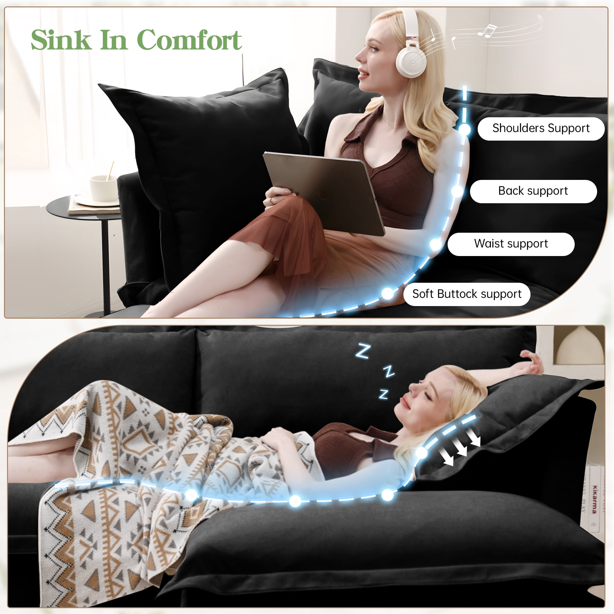 Gewnee Chenille Black Deep Seat Oversized Slipcovered Long 4 Seater Sofa with Removable Cover, Comfy Sofa for Living Room
