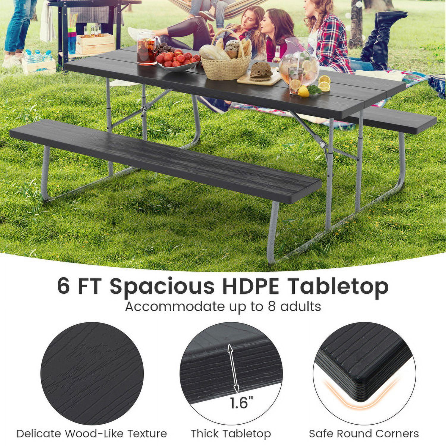 Aimee Lii Folding Picnic Table Set with Metal Frame and All-Weather HDPE Tabletop Umbrella Hole, Outdoor Patio Furniture, Black