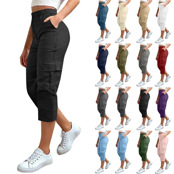 POROPL Women's Cargo Capris,Chino Outdoor Hiking Elastic Waist Pants with Button Zip and Pockets